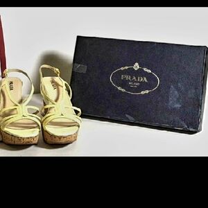 Prada Vero Cuoio Yellow Leather Strappy Wedge Sandal
